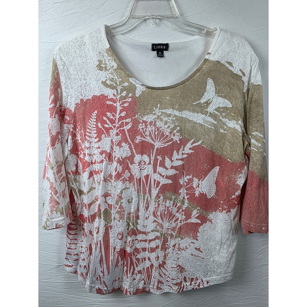 Links Womens XL Top Coral Tan Floral Sequin 3/4 Sleeve Lined Scoop Neck